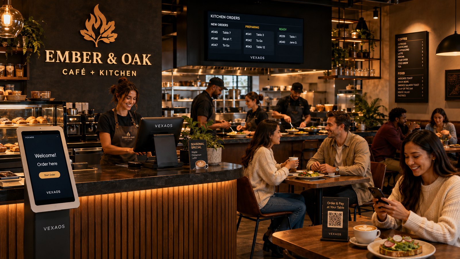 Ember & Oak café + kitchen running VexaOS — self-order kiosk, live Kitchen Orders display, VexaOS POS, and QR order-and-pay