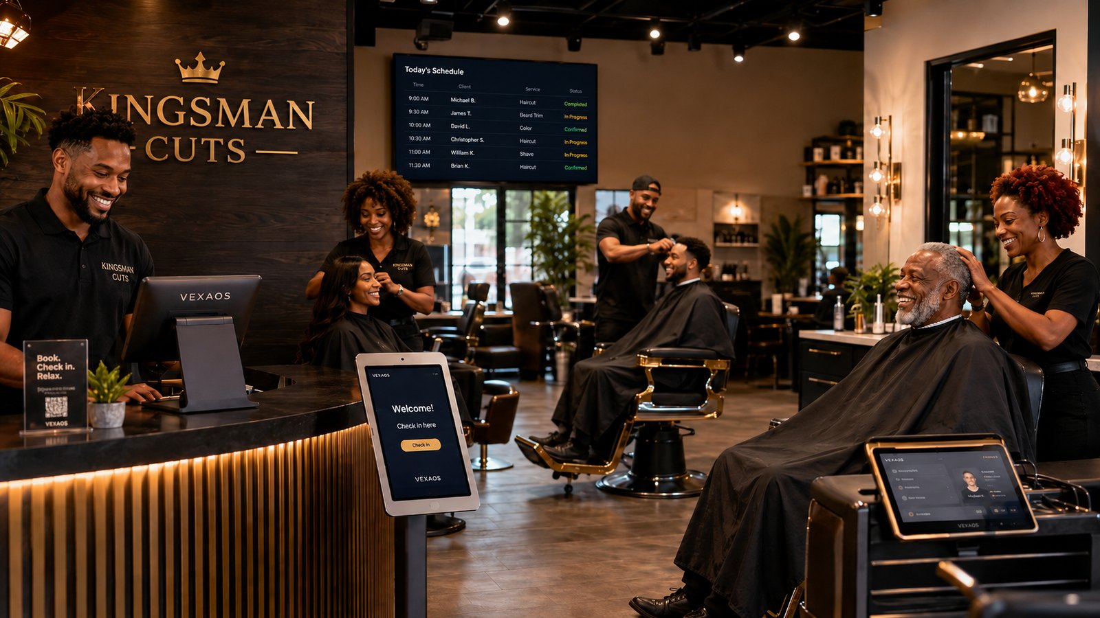 Kingsman Cuts barbershop running the VexaOS connected system — check-in kiosk, live schedule dashboard, and VexaOS POS